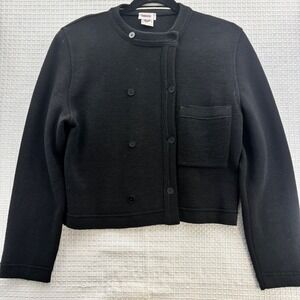 Vintage RODIER Black Knit Cropped Wool Cardigan Jacket Button Front Asymmetrical